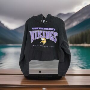 VTG ProPlayer MN Vikings Hoodie Sweatshirt Women's L Black Cut-Off Graphic Print
